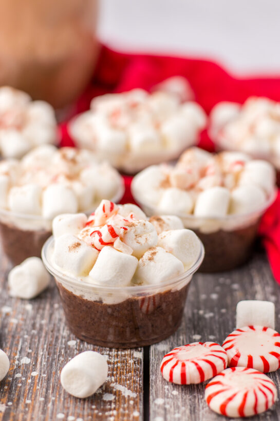 These Peppermint Hot Chocolate Pudding Shots are always such a hit at any holiday party!  Creamy hot chocolate pudding is mixed with Bailey’s Irish Cream and topped with whipped cream, mini marshmallows and crushed peppermints.  These are easy to whip up and a great festive treat!
