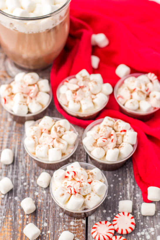 These Peppermint Hot Chocolate Pudding Shots are always such a hit at any holiday party!  Creamy hot chocolate pudding is mixed with Bailey’s Irish Cream and topped with whipped cream, mini marshmallows and crushed peppermints.  These are easy to whip up and a great festive treat!