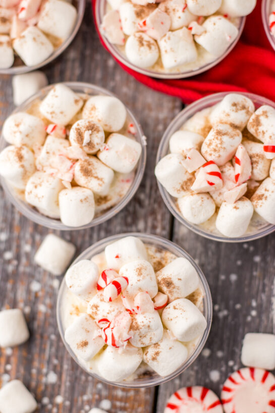 Overhead shot of the Peppermint Hot Chocolate Pudding Shots are always such a hit at any holiday party!  Creamy hot chocolate pudding is mixed with Bailey’s Irish Cream and topped with whipped cream, mini marshmallows and crushed peppermints.  These are easy to whip up for Christmas!