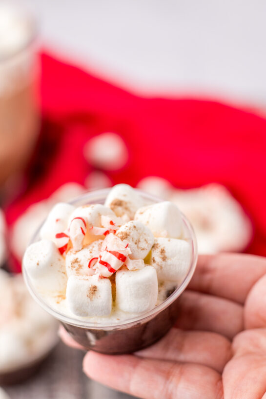 Close-up shot of the easy Peppermint Hot Chocolate Pudding Shots are always such a hit at any holiday party!  Creamy hot chocolate pudding is mixed with Bailey’s Irish Cream and topped with whipped cream, mini marshmallows and crushed peppermints.  