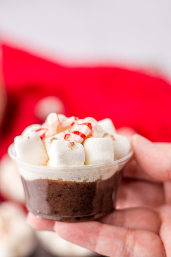 Close-up shot of the Peppermint Hot Chocolate Pudding Shots are always such a hit at any holiday party!  Creamy hot chocolate pudding is mixed with Bailey’s Irish Cream and topped with whipped cream, mini marshmallows and crushed peppermints.  These are easy to whip up for Christmas!