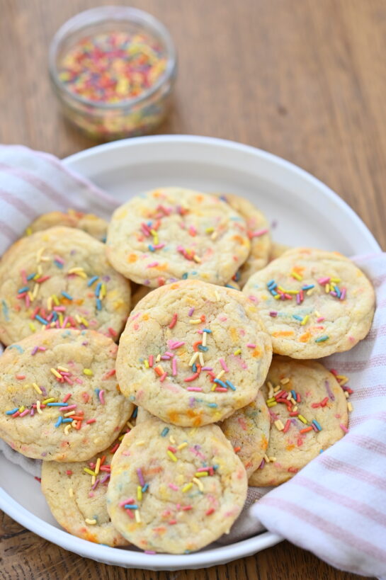 Overhead photo of the Soft Sprinkle Sugar Cookies recipe for Christmas or Valentine's Day.