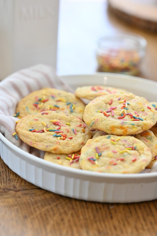 Soft Sprinkle Sugar Cookies recipe on a plate ready to be served at a party.