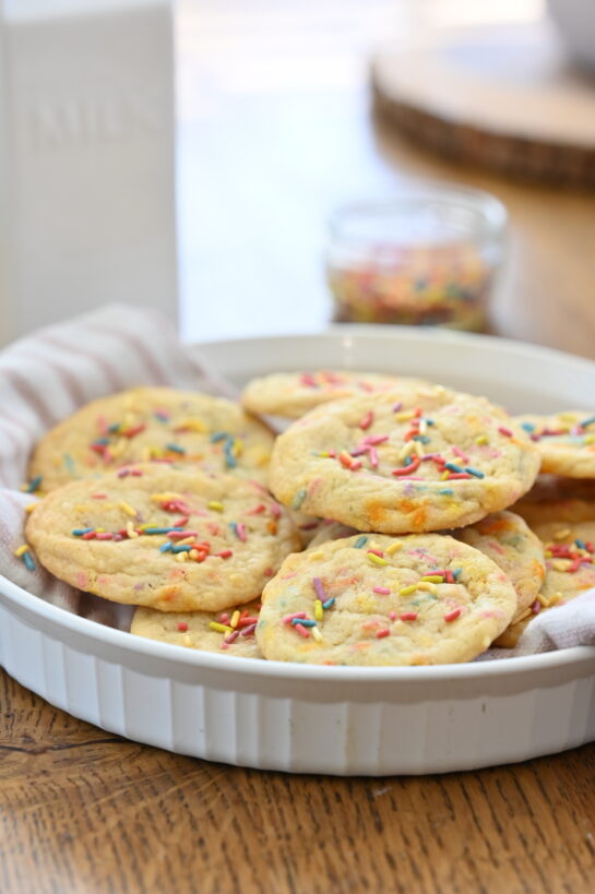 Close-up photo of the Soft Sprinkle Sugar Cookies recipe for Christmas or Valentine's Day.