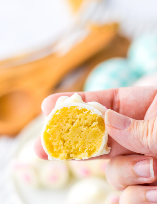 Close-up photo of the cut-open and finished Bunny Butt Lemon Truffles perfect no‑bake dessert for Easter.
