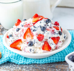 Berry Cheesecake Salad recipe made easy: creamy brick-style cream cheese, powdered sugar, heavy cream, vanilla, Cool Whip, and fresh strawberries, raspberries, and blueberries. A no-bake, 10-minute dessert recipe that’s light, fluffy, and crowd-pleasing—perfect for potlucks, BBQs, and holidays. Make-ahead friendly and bursting with triple-berry flavor.