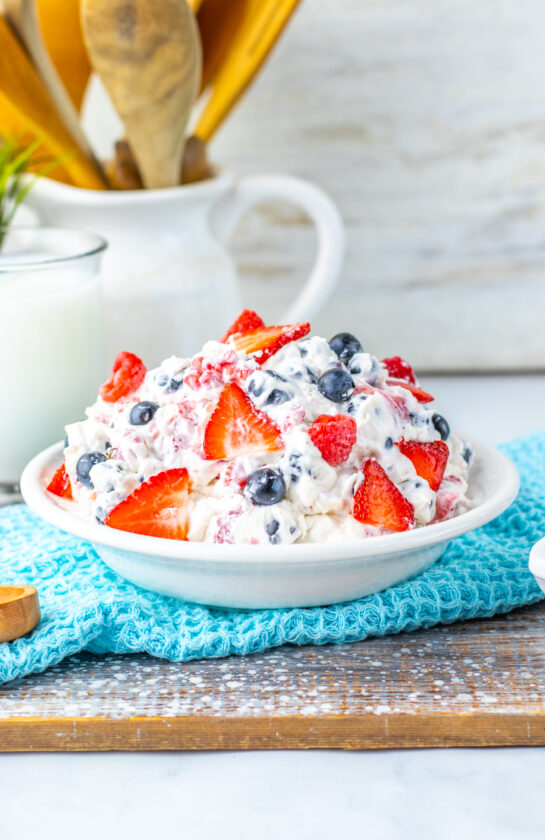 Head-on photo of the berry cheesecake salad for the 4th of July