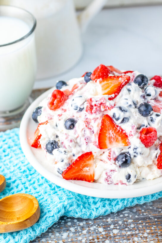 Patriotic berry cheesecake salad for the 4th of July summer picnic.