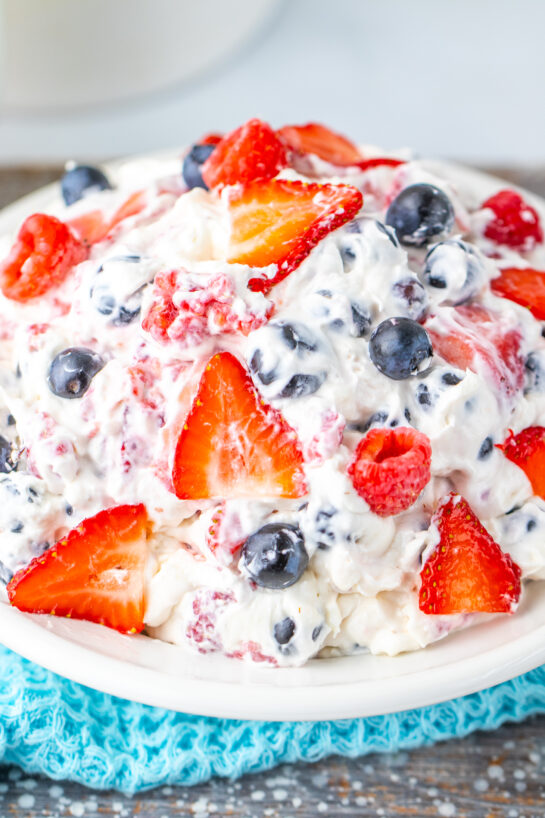 Close-up photo of the berry cheesecake salad for the 4th of July